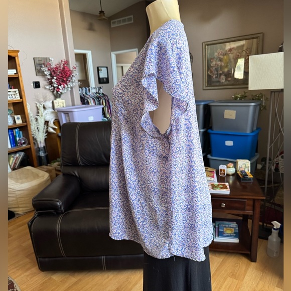 Carolina Belle purple, blue & white ruffle sleeve blouse-size 1X - Picture 3 of 9